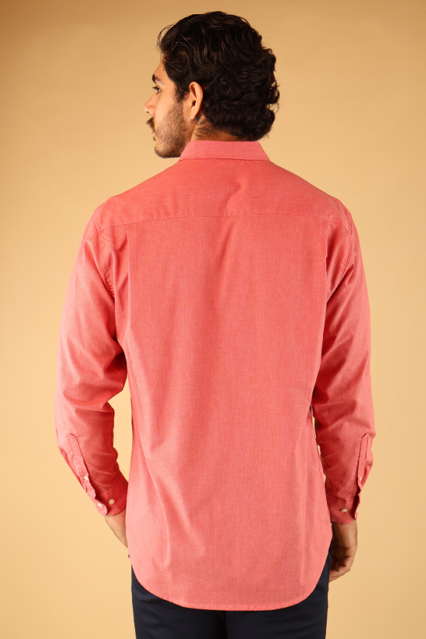 Camisas Manga Larga Color Salmón Corte Regular De Algodón Hombre